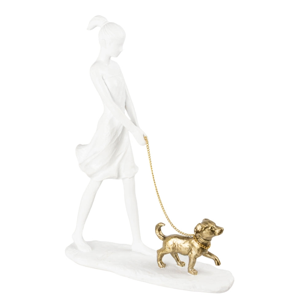 Escultura Resina Dourada Mulher e Cachorro