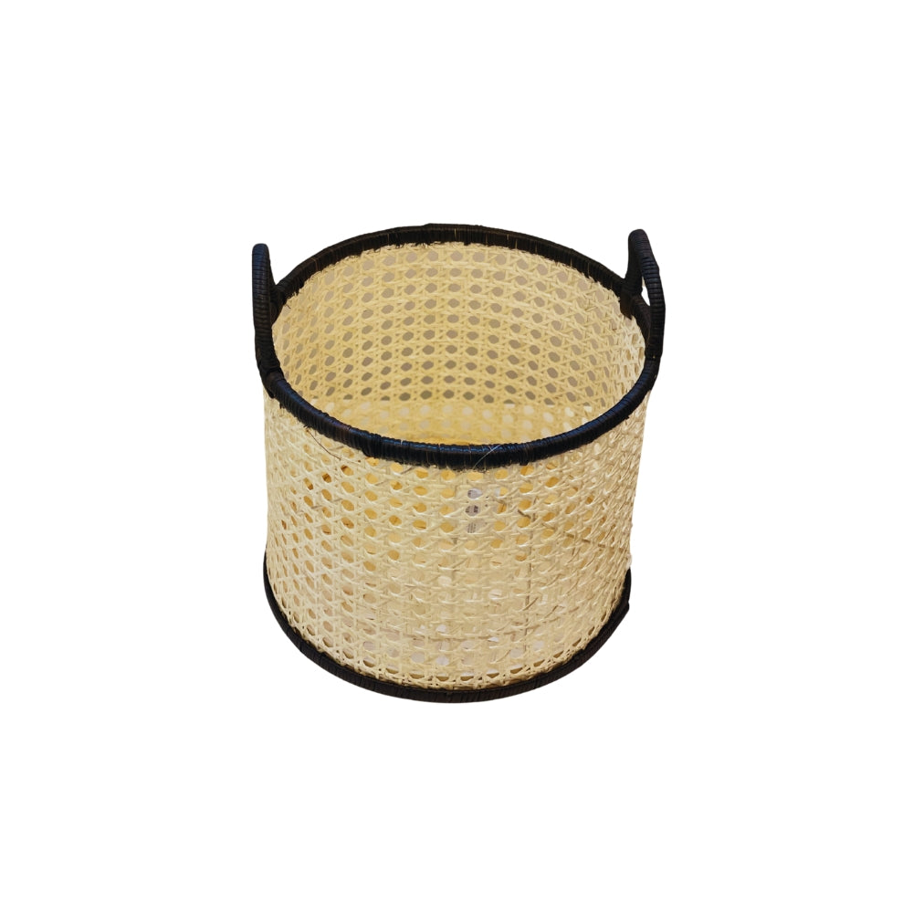Cesto Rattan Pequeno com Alças e Bordas Pretas