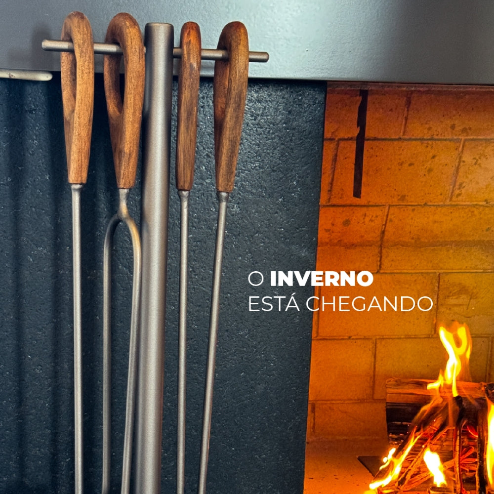 Acessório Lareira Metal e Madeira 5 Peças 60 cm
